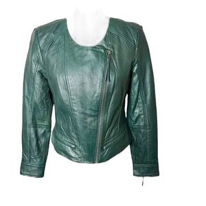 NWOT Halogen green leather motorcycle jacket. Petite SP